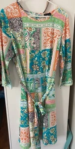 NY Invasion Women's Medium 3/4 sleeve Green Blue Dress Round Neck - Picture 1 of 7