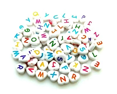 100 White Mixed Color Letters ABC Alphabet 11mm Heart Acrylic Art Craft Beads - Image 1 of 4