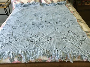 Vintage Star Afghan Crochet Blue 63”x48” With 4” Fringe - Picture 1 of 3