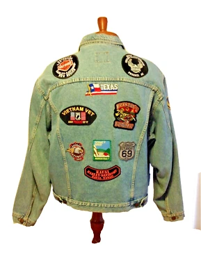 Benetton VTG Blue Jean Denim Biker Jacket Sewn Patch Motorcycle Hog Sturgis - Image 1 of 4
