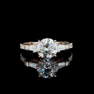 4Ct Round & Baguette E-VS1 Lab Grown Diamond Engagement Ring 14K Rose Gold - Picture 1 of 4