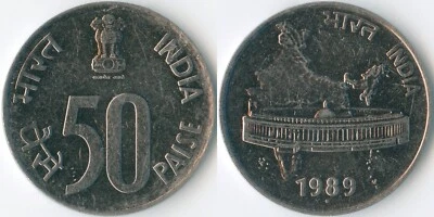 India 1989 ● 50 Paise KM# 69 Stainless Ashoka Lion Capital Parliament Building - Image 1 of 3