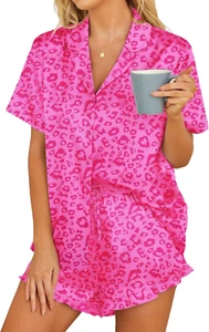 Hot Pink Women's Satin Pajamas Set Button down 2Piece Silk Pjs Shorts set, Small - Picture 1 of 2
