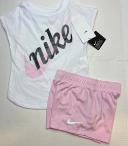 Nike Girl 2 Piece Top & Shorts Set ~ Pink & White ~ New - Picture 1 of 4