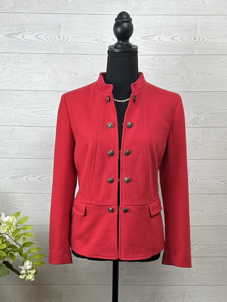 Sz. 12 Petite TALBOTS Red Knit Twill Military Band Jacket Blazer $169 - Image 1 of 4