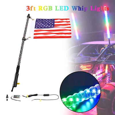 3ft RGB LED APP Whip Lights Antenna W/ Flag Remote Control For Polaris UTV ATV E - Image 1 of 4