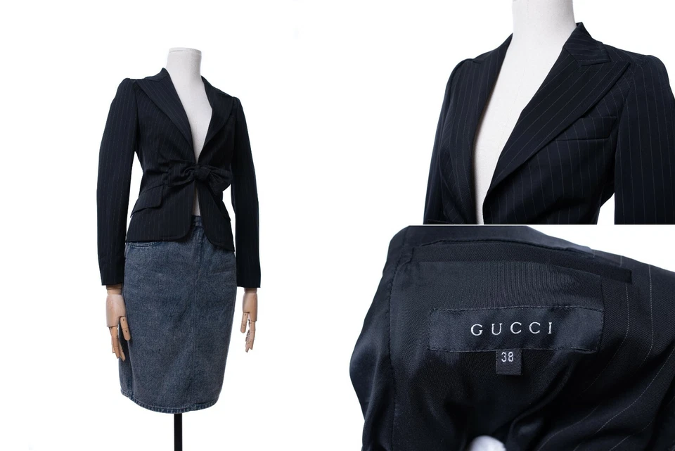 Mujer GUCCI Blazer Abrigo Chaqueta Lana Lana Lana Rayas Negro Talla 38 Foto 1 de 4