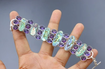 Albone Shell & Amethyst gemstone 925 sterling silver bracelet jewelry Sz 7-8 - Image 1 of 3