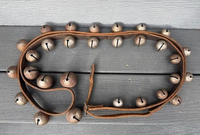 Antique Vintage Primitive 29 Sleigh Bells on 90" Leather Strap Christmas - Image 1 of 4