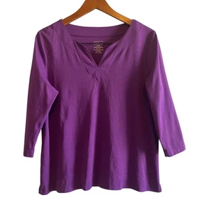LL Bean Womens Purple 3/4 Sleeve Notch Neck Top L Petite Casual Comfort - Picture 1 of 5