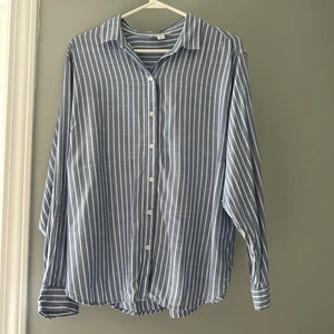 Camisa de playa almuerzo salón Wo azul blanco rayas manga larga abotonada talla grande - Imagen 1 de 8