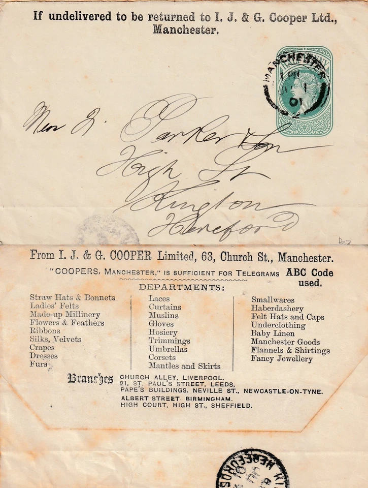 GB MANCHESTER Queen Victoria 1/2d Wrapper COOPER LTD Umbrellas to Furs 1901 - Image 1 of 1