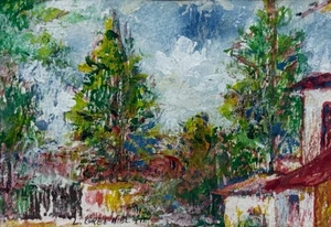 Amerikanisches 20. Jh., L Greenblatt, Vintage Acryl Gemälde, Landschaft Bäume & Haus - Bild 1 von 8