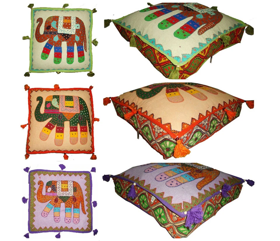 Elephant pillow cover ottoman floor square seat applique patchwork embroidery - Image 1 of 1
