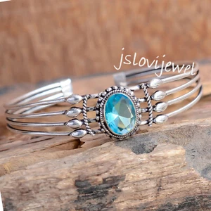 London Blue Topaz Gemstone Bracelet 925 Sterling Silver Beautiful Bangle Cuff - Picture 1 of 5