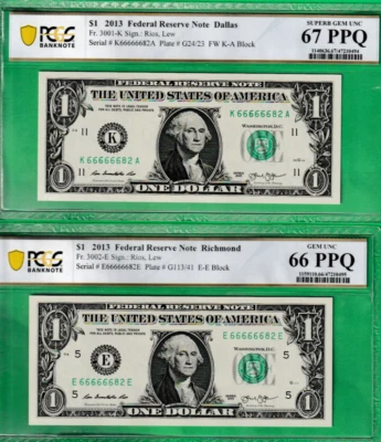 $1  Federal Reserve Notes MATCHING FANCY Serial Numbers 66666682 PCGS 67 - Image 1 of 2