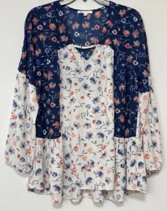 DR2 Floral Peasant Top Puff Sleeve Keyhole Neckline Tiered Peplum Boho Blouse L - Picture 1 of 10