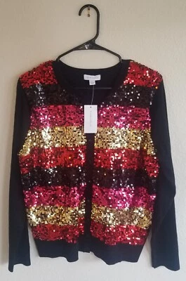 Cárdigan Charter Club Grande Suéter Lentejuelas Rayas Rojo Negro Rosa Dorado Bonito  Foto 1 de 4