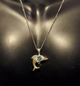 Sterling Silber 925 Halskette mit Delfin Anhänger mit hellblauem Stein - Bild 1 von 5