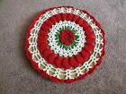 Collectible Hand Crocheted Trivet Cover Cork Trivet Red White Green 8 1/2" WOW