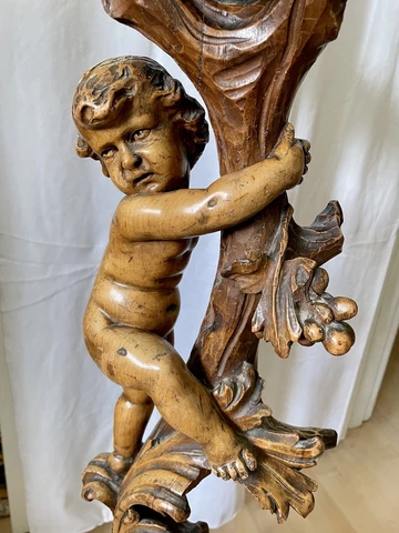 19th Century Italian Baroque Carved Fruitwood Pedestal with Putto, Cherub Cover