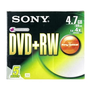 Sony DVD RW Blank Disc, 5 Pack, 1-4x 120min (4.7GB) New & Sealed - Picture 1 of 3