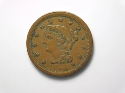 GOLD RUSH ERA OLD US COIN 1855 BRAIDED HAIR UPRIGHT 5'S  LARGE CENT - Image 1 of 4