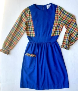 vintage 70s  girls dress euc blue rainbow plaid ruffles 12 14 back to school - Picture 1 of 12