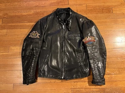 复古 Schott Cafe Racer 皮革摩托车夹克男式 40 黑色补丁 70 年代 — 第 1/4 张图片