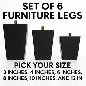 Black Square Furniture Legs Set of 6, 3 4 5 6 8 10 12 in Wood Feet Replacement - Picture 1 of 11