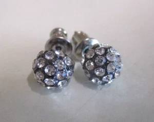 Disco Ball Style - Round Earrings - Clear Rhinestones - Silver Tone - Pierced - Picture 1 of 6