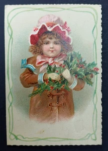 Early 2 fold Little girl collecting  Holly Christmas Greetings Litho card - Foto 1 di 2