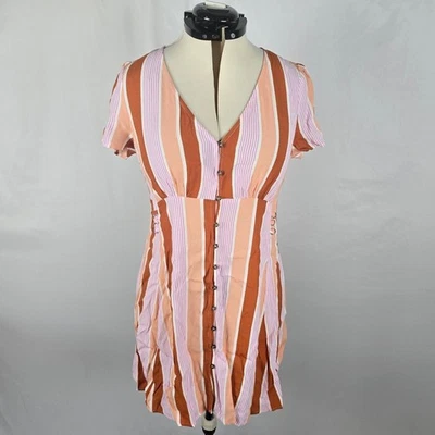 Vestido para mujer Forever 21 L rosa a rayas con botones manga corta cuello en V mini nuevo con etiquetas Foto 1 de 4