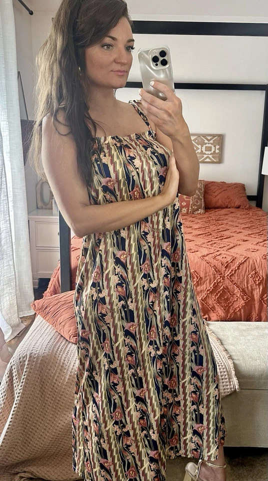 Maxi Vestido Floral Vintage Años 80 Talla M/L 100% Nylon Dorado Corbata Hombro  Foto 1 de 4