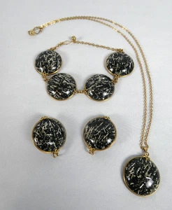 Hillcraft VTG MCM Pendant, Bracelet & Earrings Black & Silver Confetti Lucite - Picture 1 of 8