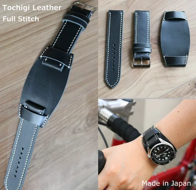 Ремешок для часов ручной работы вегетарианский желтовато-коричневый комплект — черная кожа, полный шов, 18–24 мм - Изображение 1 из 4