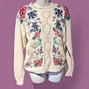 Beldoch Popper Vintage Sweater Knitted Floral Grannycore Cottagecore Top M 2B - Picture 1 of 9