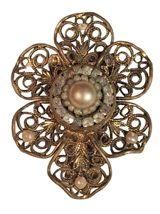 Vintage Nouveau Deco Haskell? Dress Clip Filigree Flower Faux Pearl Rhinestone - Picture 1 of 20