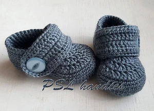 Hand knitted crochet baby booties gray 5 US size wool acrylic girls boys - Picture 1 of 5