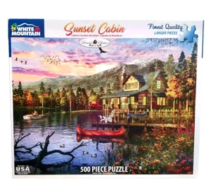 White Mountain SUNSET CABIN 500pc Jigsaw Puzzle 2021 Large PieceS Complete - Picture 1 of 3
