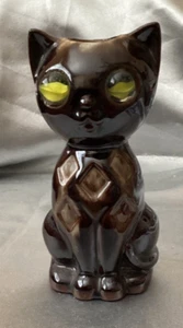 Vtg Inarco Brown Cat Figurine Vase Match Stick Holder MCM Marble Eyes 6.5" Japan - Foto 1 di 9