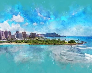 Pintura fotográfica digital Magic Island O'ahu, impresión artística 8 x 10, lista para enmarcar - Imagen 1 de 4