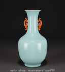 11.2" Old Chinese Qianlong Marked Turquoise Glaze Porcelain Flower Pair Ear Vase