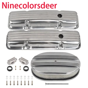 For 58-86 SBC Chevy Retro Finned Short Valve Covers &12"Oval Half Air Cleaner - Bild 1 von 8
