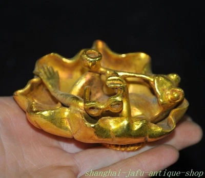 Antigua China Antigua Dinastía Bronce Dorado Hoja de Loto Rana Pluma Lavado Cenicero Estatua Foto 1 de 4