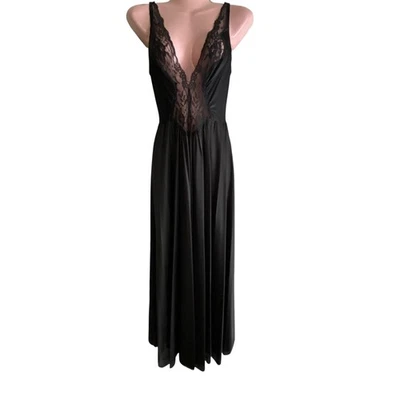 复古 Olga 睡袍女式中号 9227 长蕾丝紧身尼龙氨纶扫地 — 第 1/4 张图片