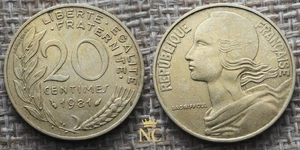 Coin France – 1981 – 20 centimes Marianne Cupro – VF - Picture 1 of 3