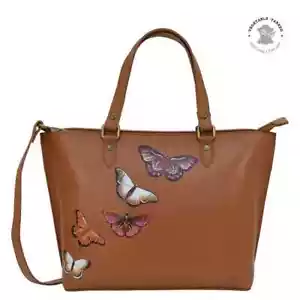 Bolso mediano de cuero pintado a mano ANUSCHKA 693 MARRÓN MARIPOSA + CORREA AJUSTABLE - Imagen 1 de 5