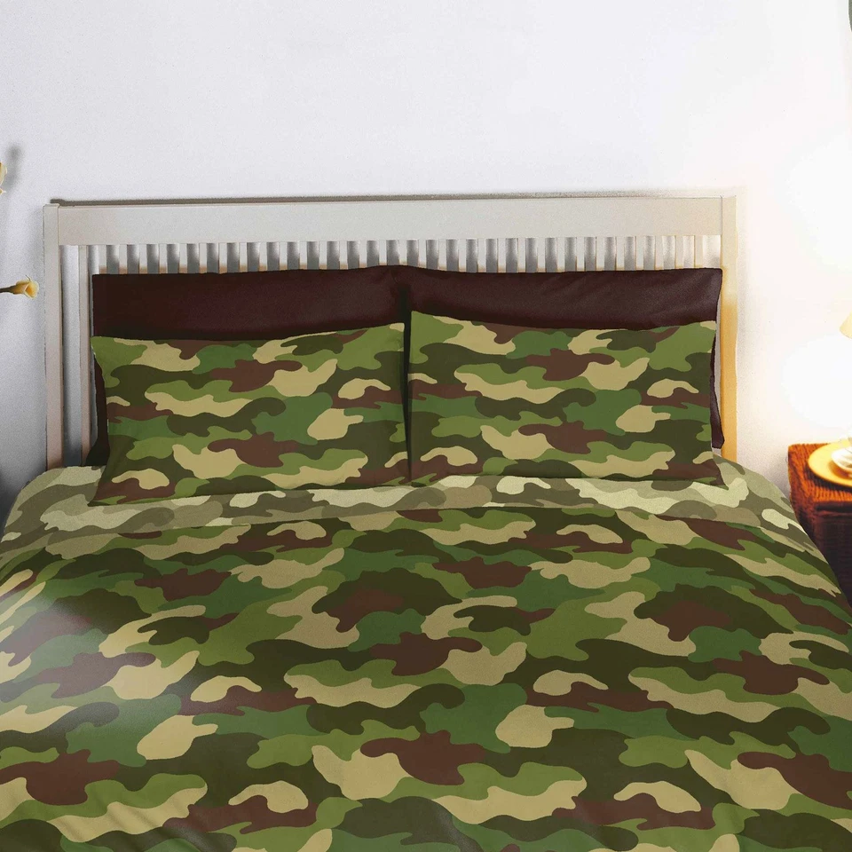 CAMOUFLAGE DOUBLE DUVET COVER SET REVERSIBLE ARMY MILITARY DESIGN GREEN - Image 1 of 3