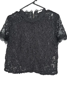 Zara Größe Large Damen Top Schwarz Spitze Transparent Kurzarm Hochgeschlossen Bluse Neu mit Etikett - Bild 1 von 4